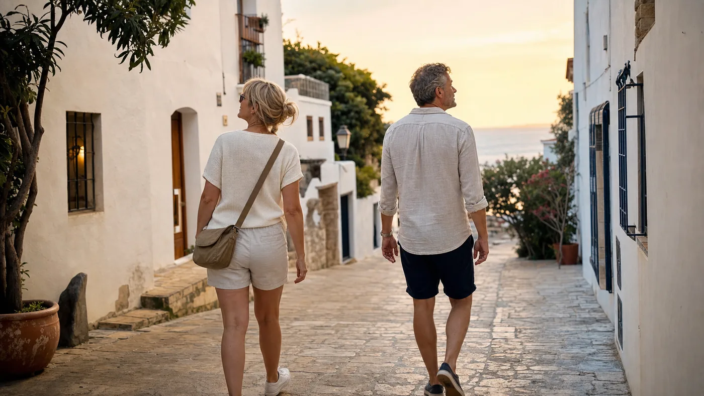 Paar bei ruhigem Spaziergang in einem mediterranen Ort